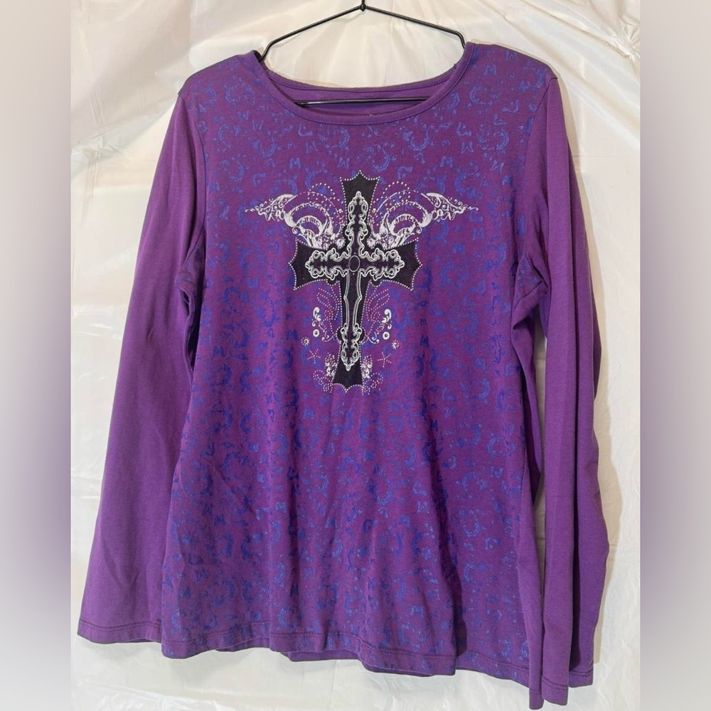 Purple Long Sleeve Y2K Top with Cross Design